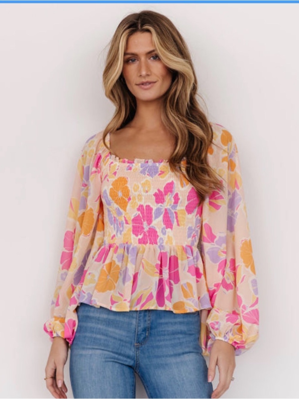 Baltic Born Pink, Yellow & Purple Floral Smocked Peplum Blouse